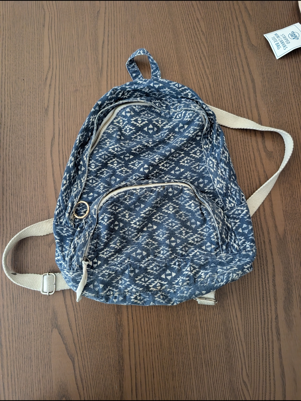 Hollister Blue Patterned Canvas Backpack with Cream Straps